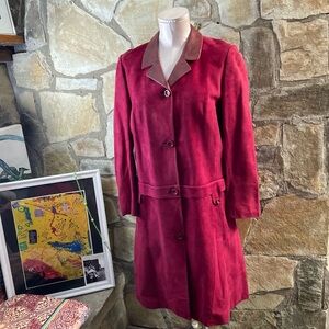 Ledaspain Women’s Red Suede Coat with Leather Collar – Made in Italy